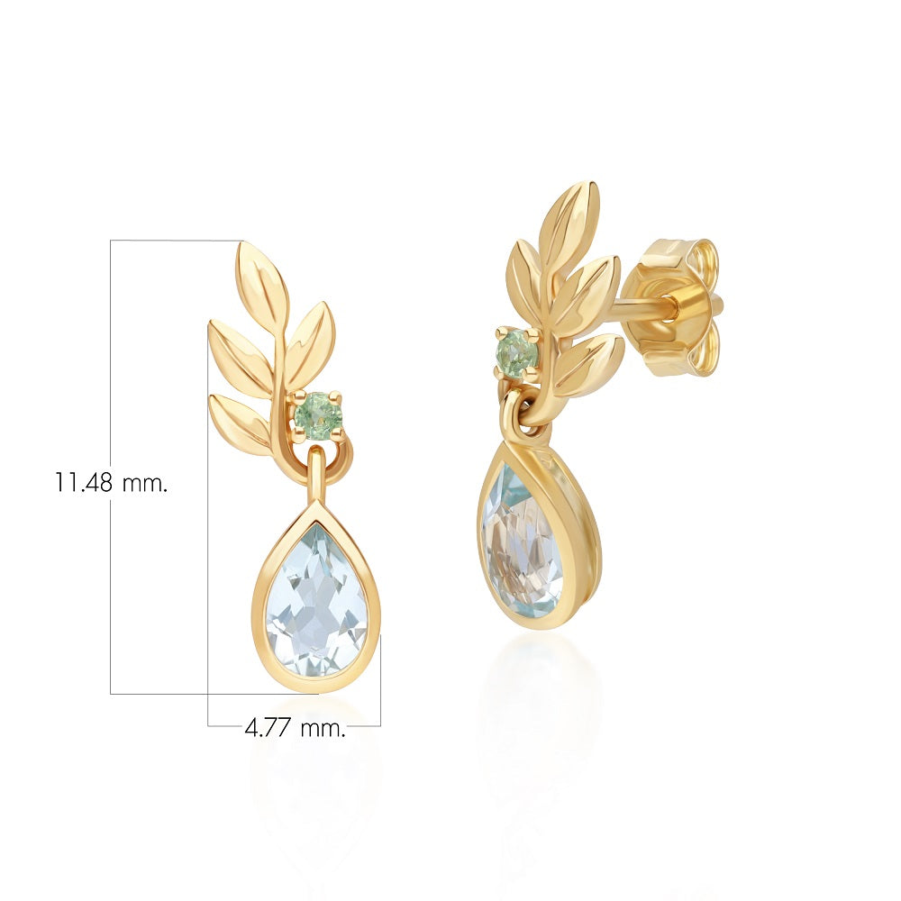 O Leaf ต่างหูทองคำ 9K ประดับด้วยบลูโทแพซ (Sky Blue Topaz) และซาโวไรท์ (Tsavorite) ดีไซน์กิ่งใบมะกอก