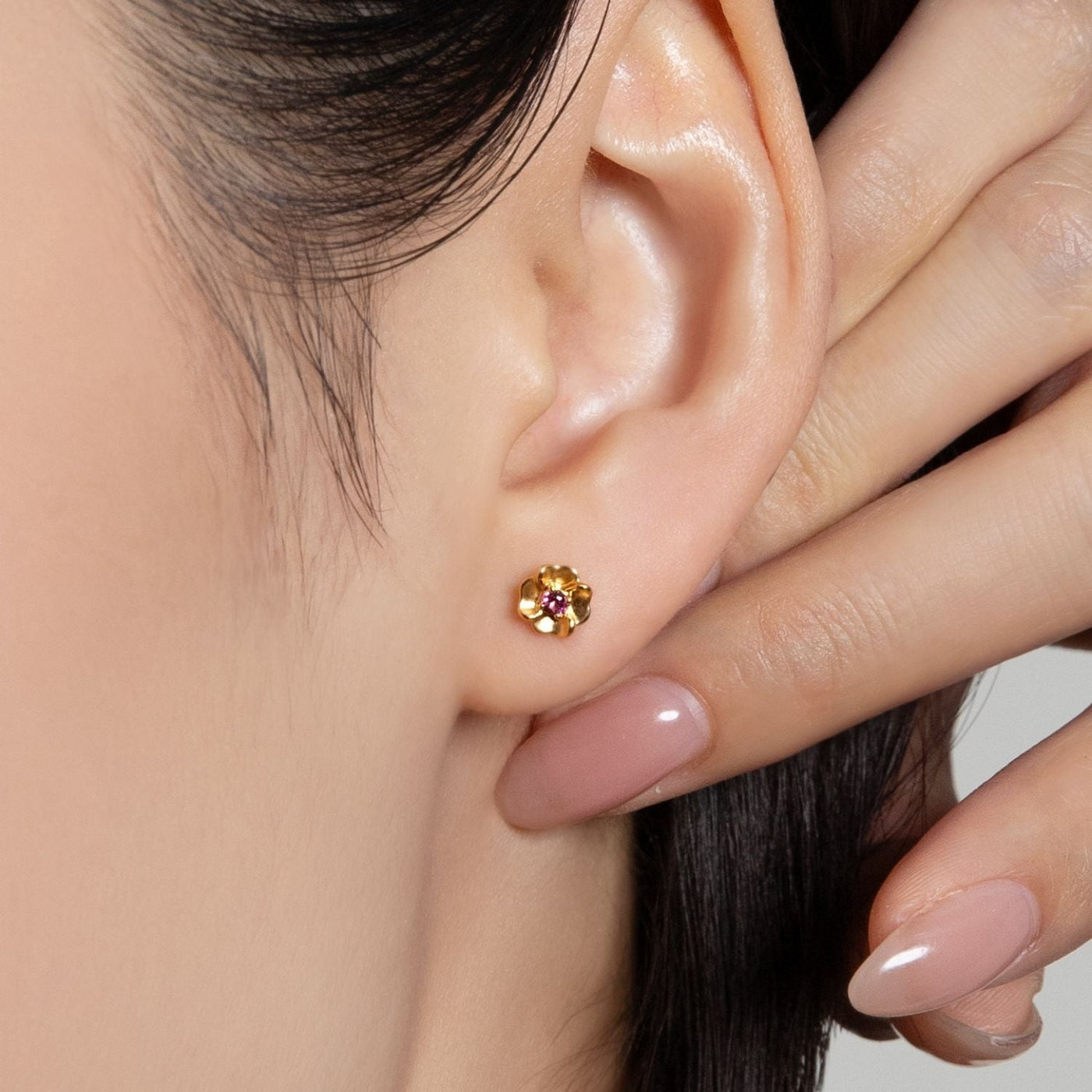 9K-Yellow-Gold-Pink-Tourmaline-Bloom-Floral-Stud-Earrings