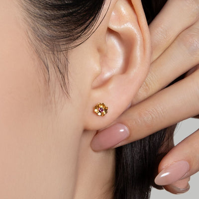 9K-Yellow-Gold-Pink-Tourmaline-Bloom-Floral-Stud-Earrings