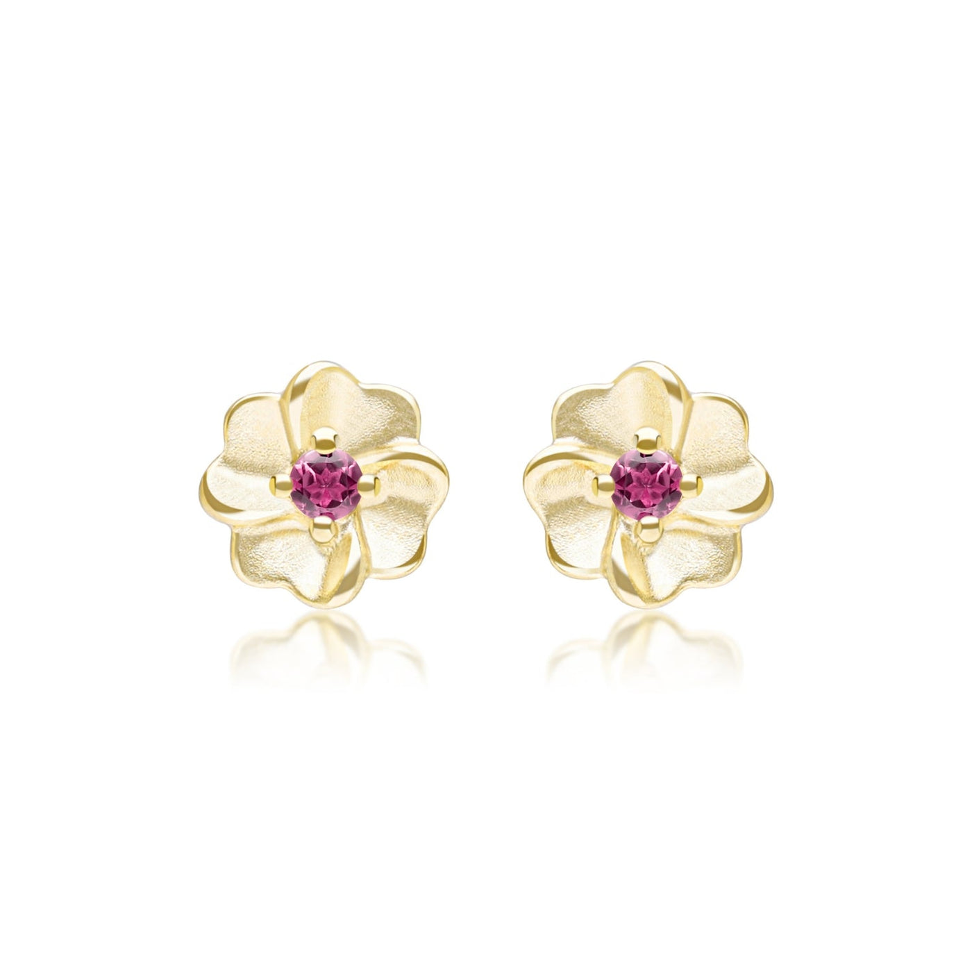 9K-Yellow-Gold-Pink-Tourmaline-Bloom-Floral-Stud-Earrings