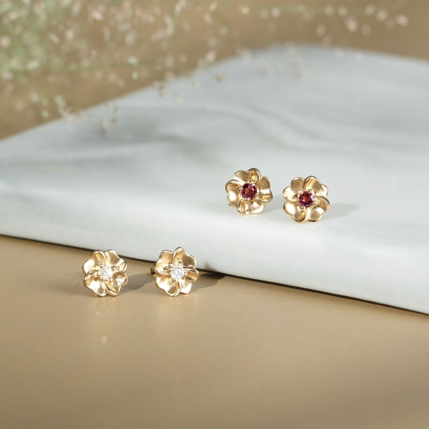 9K-Yellow-Gold-Pink-Tourmaline-Bloom-Floral-Stud-Earrings