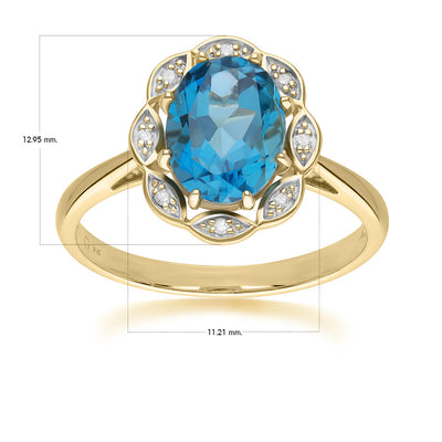 แหวนทองคำ 9K ประดับลอนดอน บลู โทแพซ (London Blue Topaz) ล้อมเพชร (Diamond) ทรงวงรีคลาสสิกหรูหรา