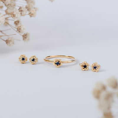 9K Gold Round Blue Sapphire Five Petal Flower Stud Earrings 135E1834-01_2