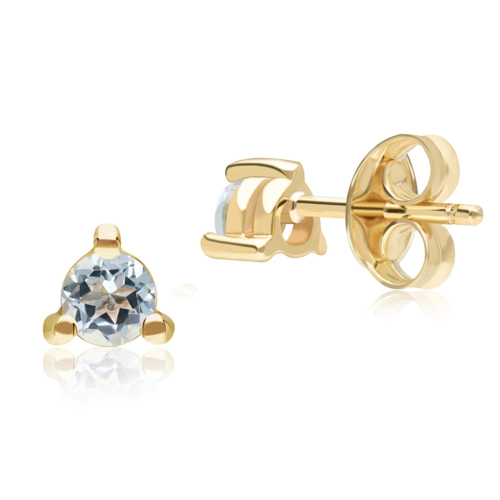 Gold Aquamarine Three Claws Stud Earrings