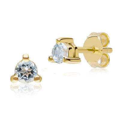 Gold Aquamarine Three Claws Stud Earrings