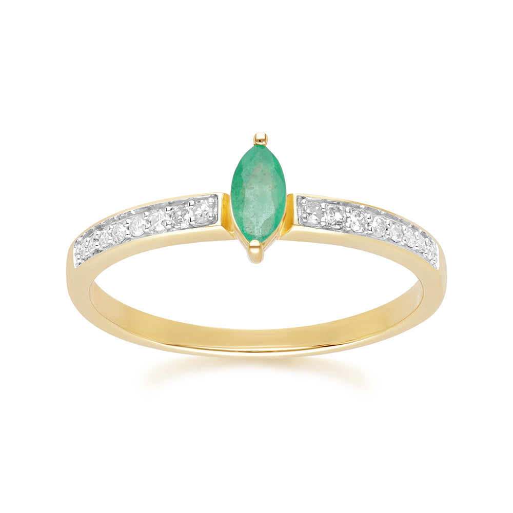9K Gold Marquise Emerald & Diamond Engagement Ring
