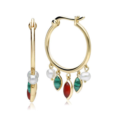 925 Sterling Silver Malachite Cornelian and Pearl Hoop Earrings