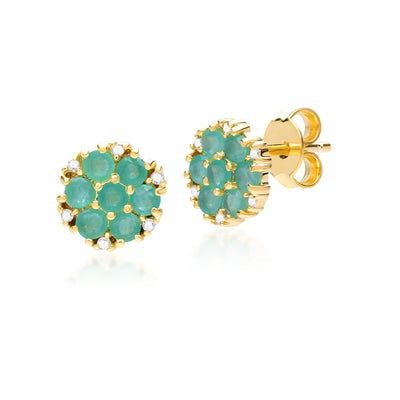 925 Yellow Gold Plated Sterling Silver Floral Round Emerald & Diamond Earrings