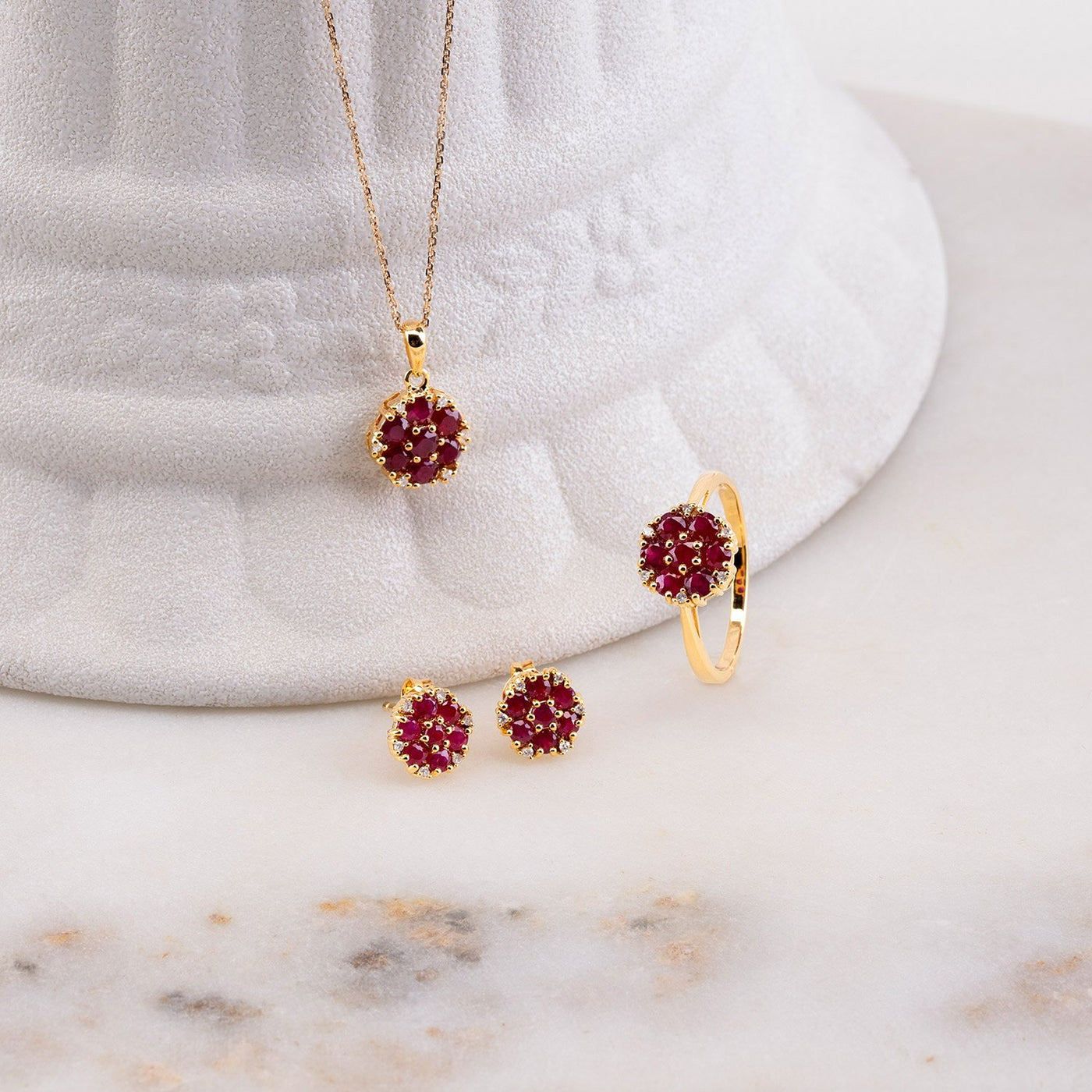 925 Yellow Gold Plated Sterling Silver Floral Round Ruby & Diamond Necklace