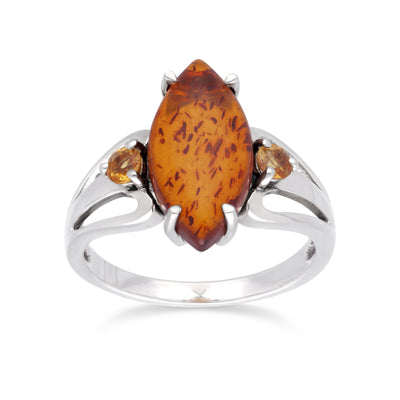925 Sterling Silver Amber và Citrine Art Nouveau Style Ring