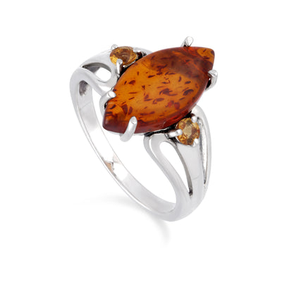 925 Sterling Silver Amber and Citrine Art Nouveau Style Ring