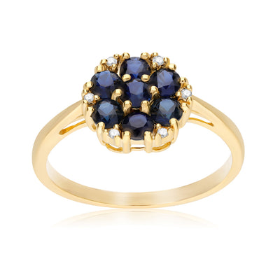 925 Yellow Gold Plated Sterling Silver Floral Round Blue Sapphire & Diamond Ring