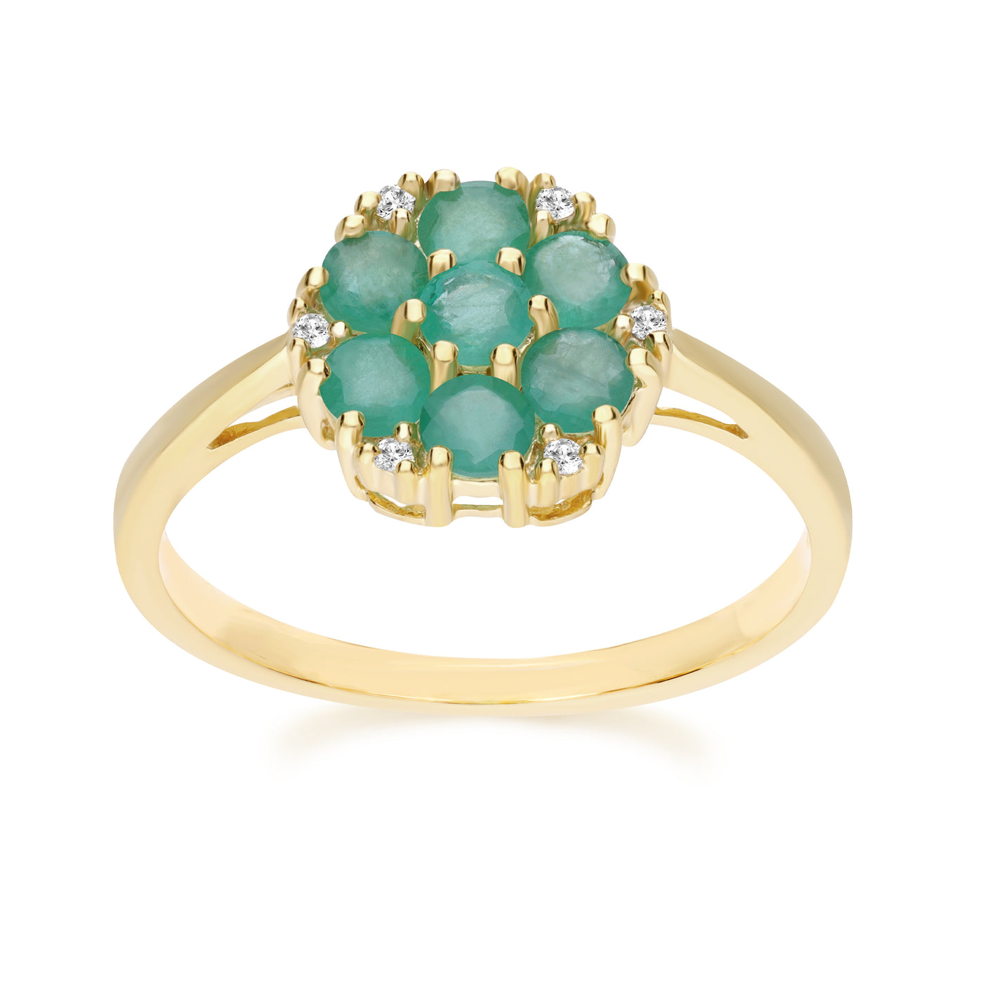 925 Yellow Gold Plated Sterling Silver Floral Round Emerald & Diamond Ring