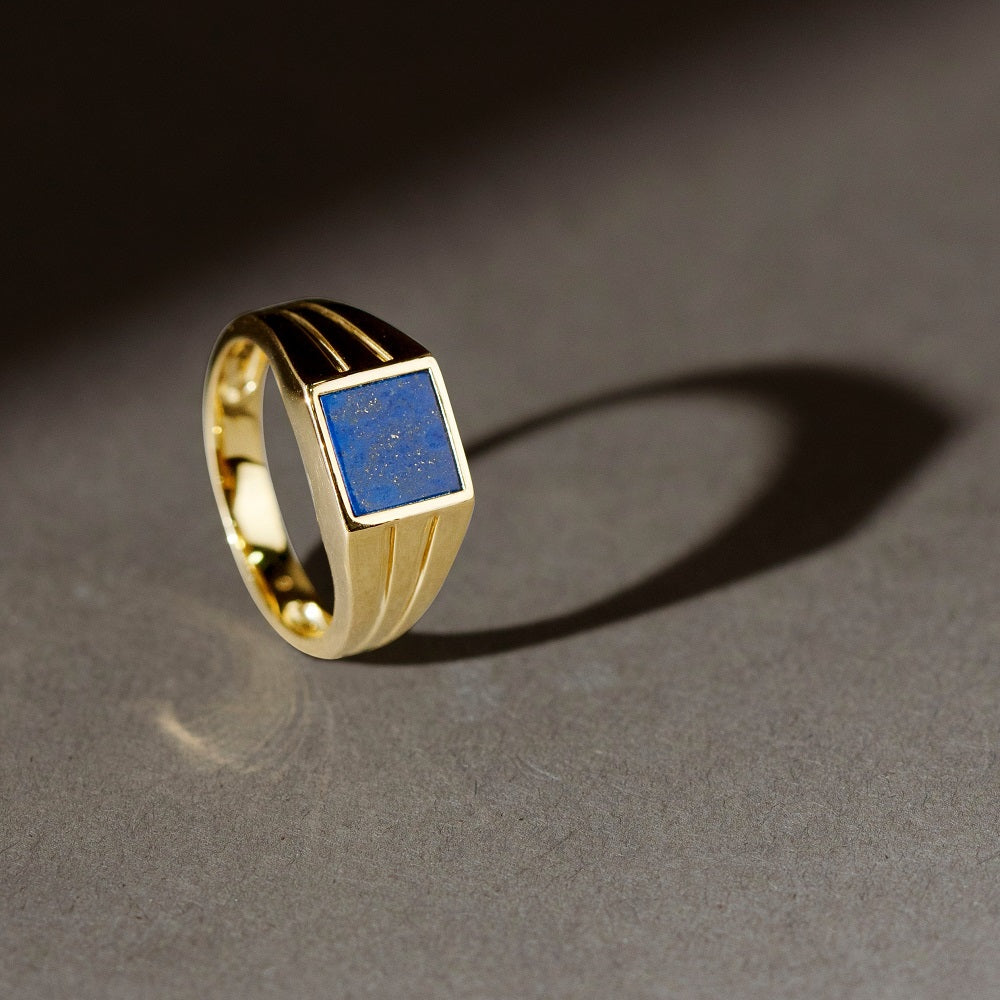 925 Yellow Gold Plated Sterling Silver Square Lapis Lazuli Signet Ring