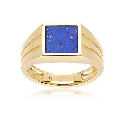 925 Yellow Gold Plated Sterling Silver Square Lapis Lazuli Signet Ring