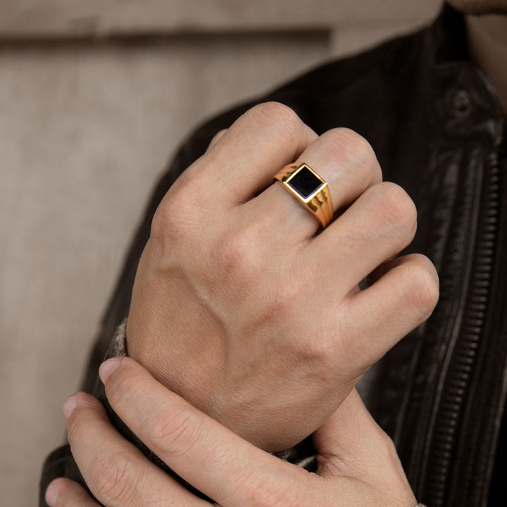 925 Yellow Gold Plated Sterling Silver Square Black Onyx Signet Ring GemondoTh