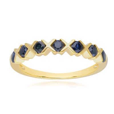 253R7011-03_1_925 Yellow Gold Plated Sterling Silver Round Blue Sapphire Criss Cross X Ring