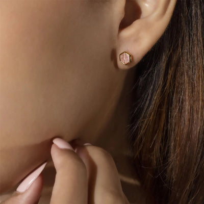 270E0376-01 Silver rhodochrosite hexagon stud earrings