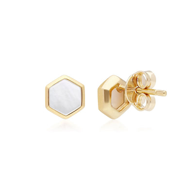 270E0376-02 Silver mother of pearl hexagon stud earrings