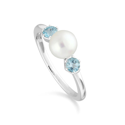 925 Sterling Silver Pearl and Blue Topaz Ring