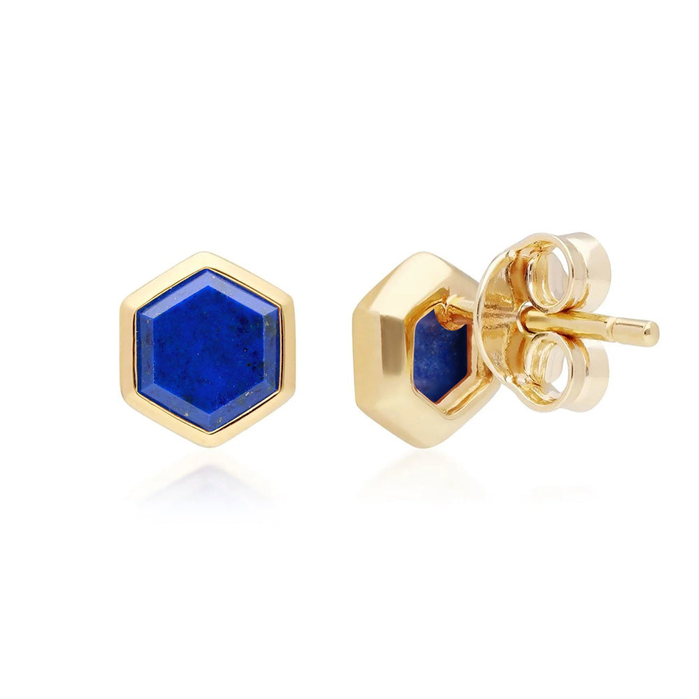 271E0222-02 Silver lapis lazuli hexagon stud earrings