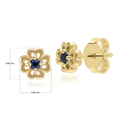9K Gold Round Blue Sapphire Open Petal Flower Stud Earrings