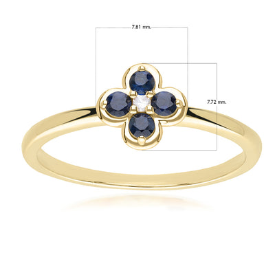 9K Gold Round Blue Sapphire & Diamond Classic Flower Ring