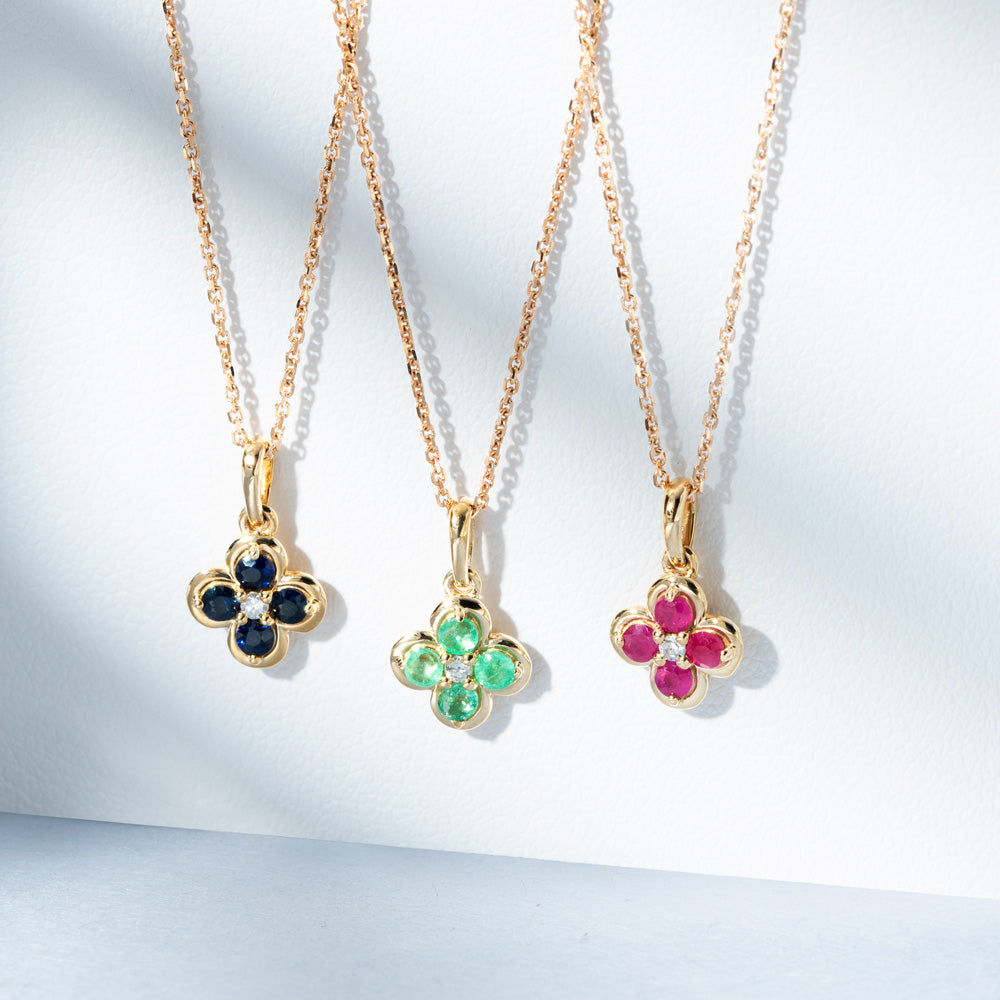 9K Gold Round Emerald & Diamond Classic Flower Pendant (Chain sold separately)