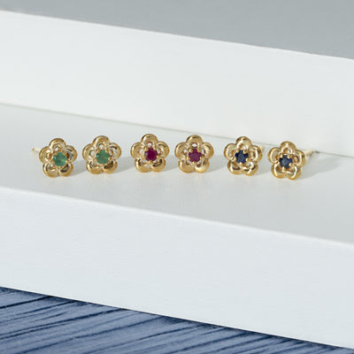 9K Gold Round Blue Sapphire Five Petal Flower Stud Earrings