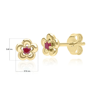 9K Gold Round Ruby Five Petal Flower Stud Earrings