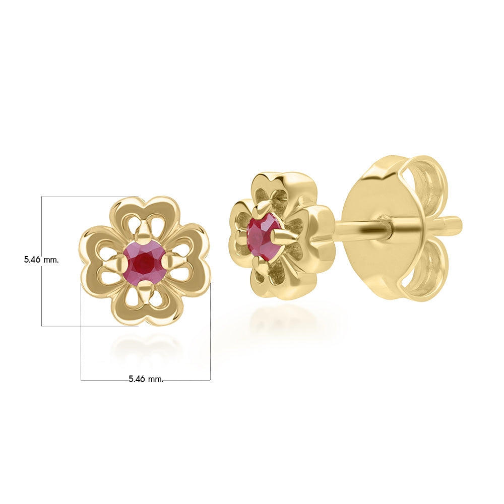 9K Gold Round Ruby Open Petal Flower Stud Earrings