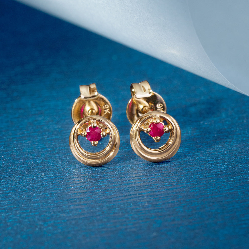 9K Gold Ruby Open Circle Round Stud Earrings