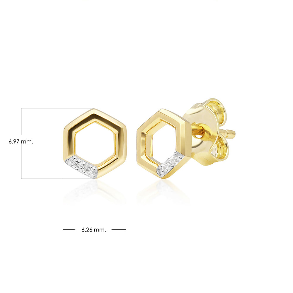 9K Yellow Gold Diamond Hexagon Stud Earrings