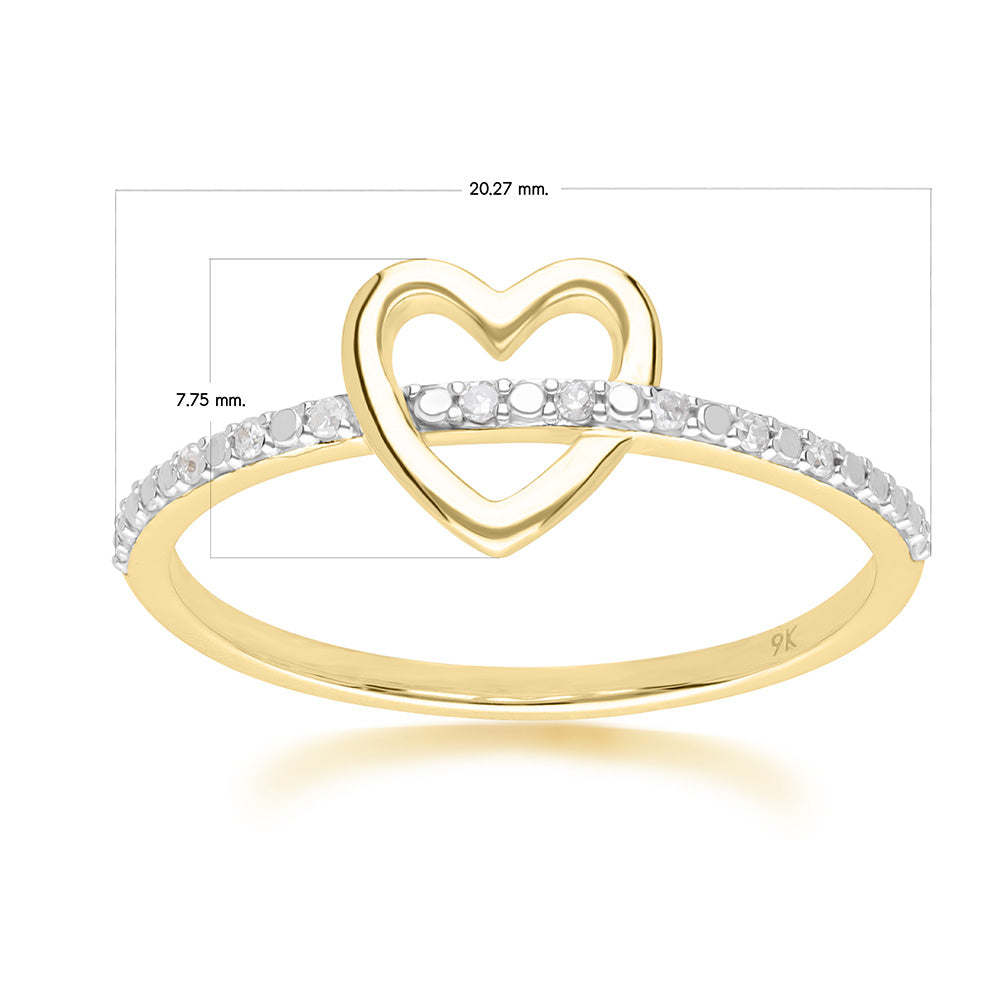 9K Yellow Gold Diamond Pave Open Heart Dainty Ring