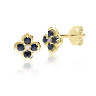 9K Gold Round Blue Sapphire & Diamond Classic Flower Earrings 135E1837-01_1