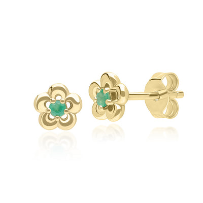 9K Gold Round Emerald Five Petal Flower Stud Earrings 135E1834-03_1