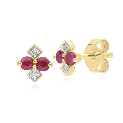 9K Gold Round Ruby & Rhombus Style Diamond Stud Earrings 135E1836-02